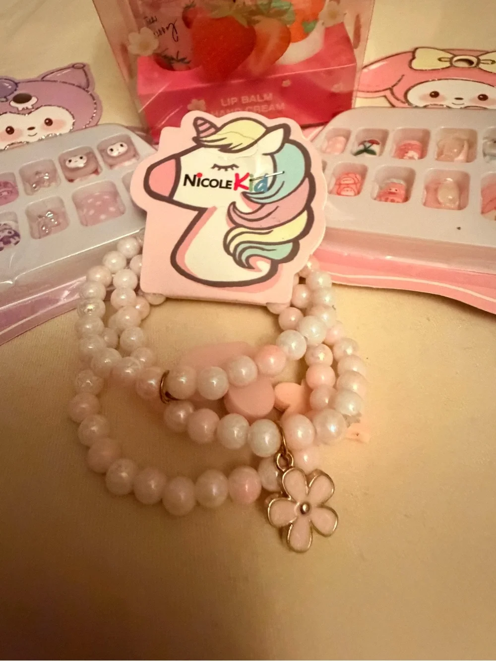Nicole Kids Pink Beaded Bracelet Set with Floral Charm and Press-On Nails